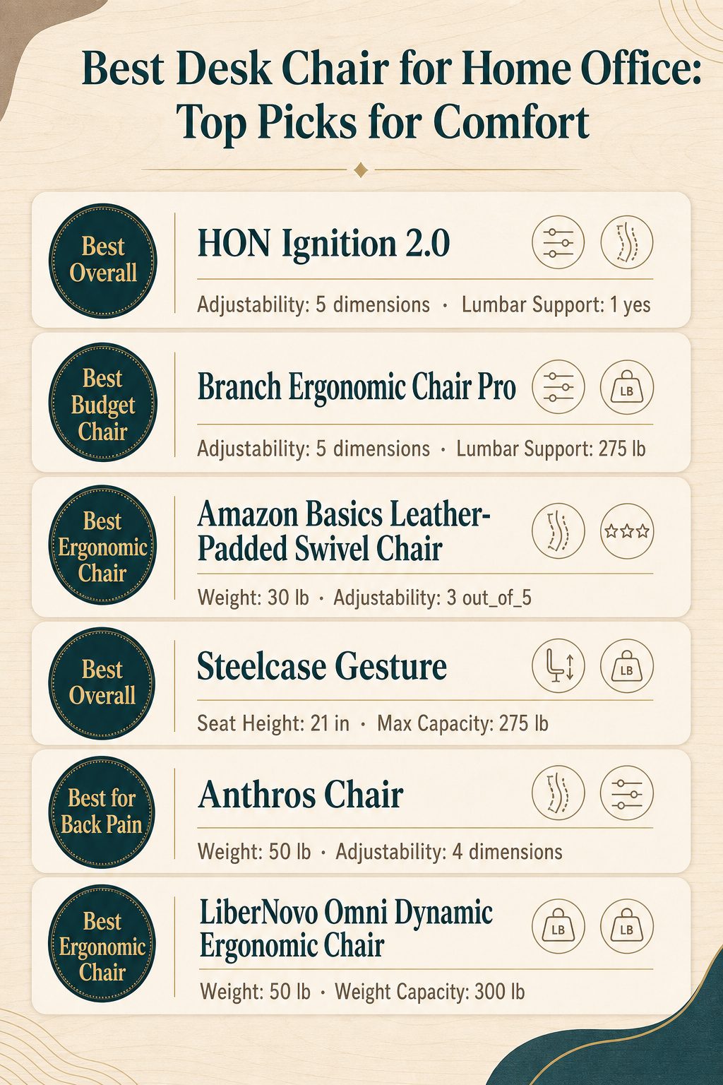 An infographic comparing different desk chairs for home office comfort.