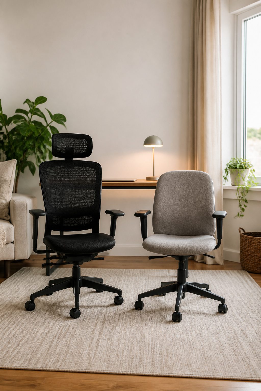 A minimalist workspace with a desk chair and computer setup.