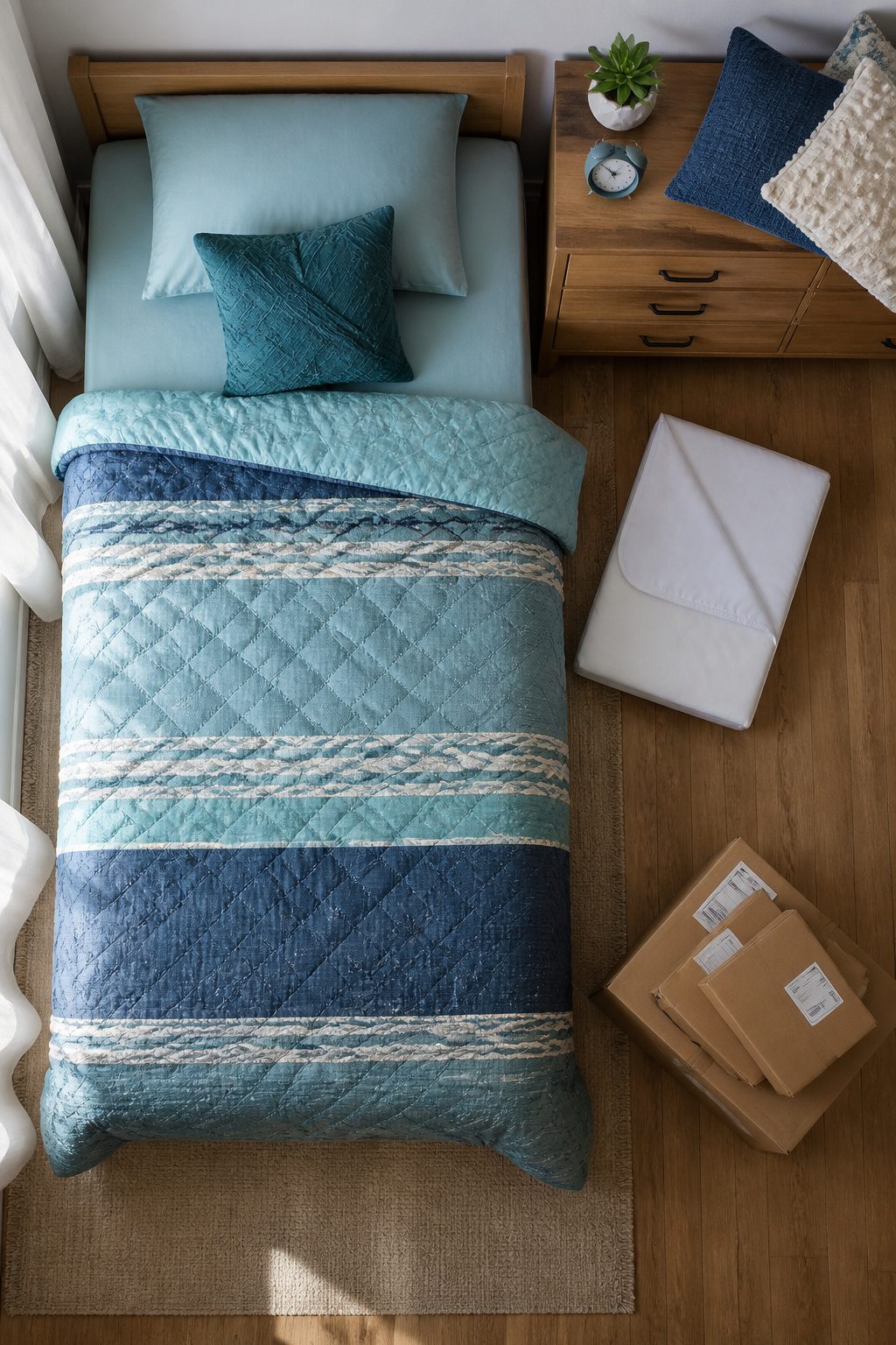 Bedding items and shipping details for a twin mattress.