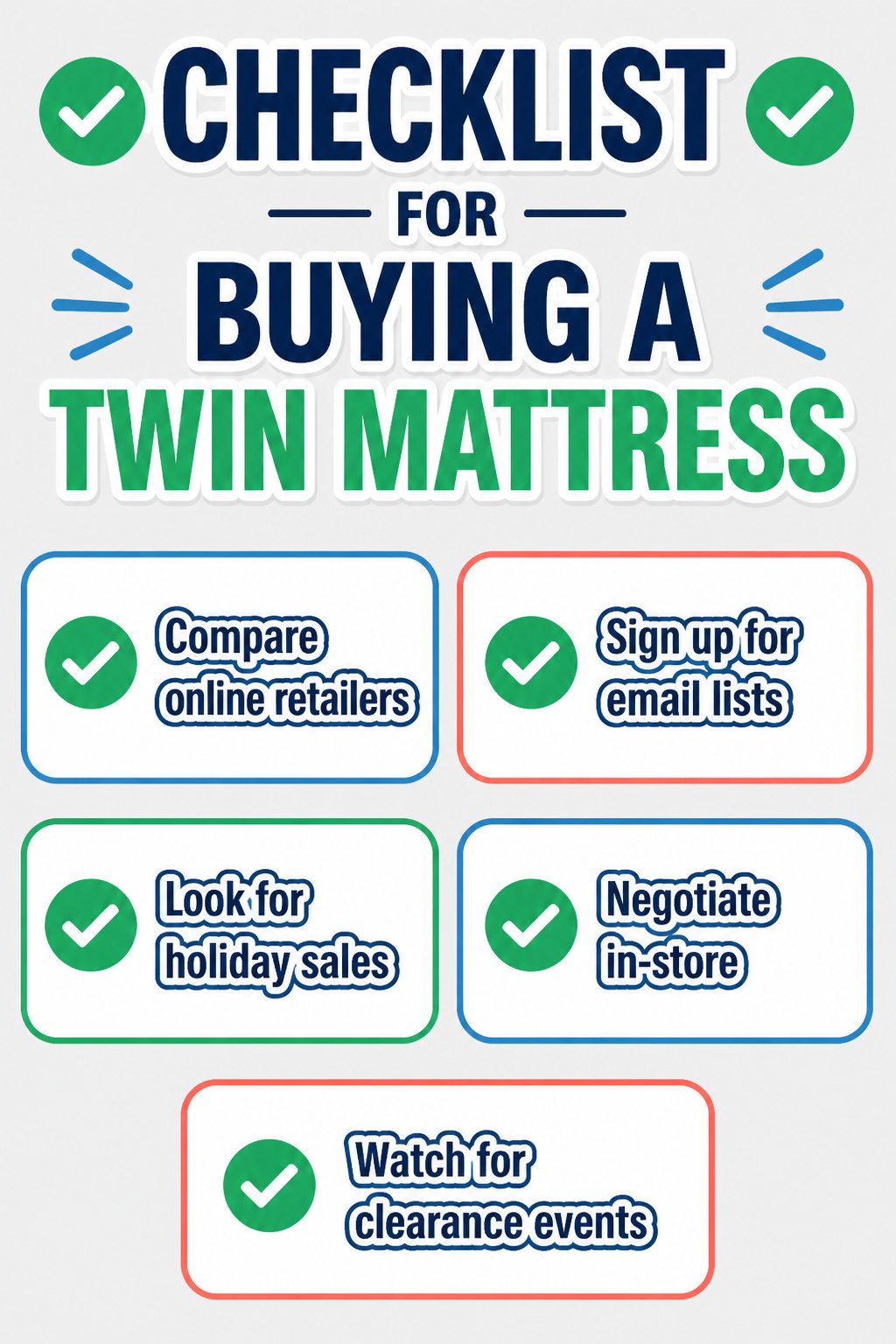 A checklist for buying a twin mattress displayed on a table.
