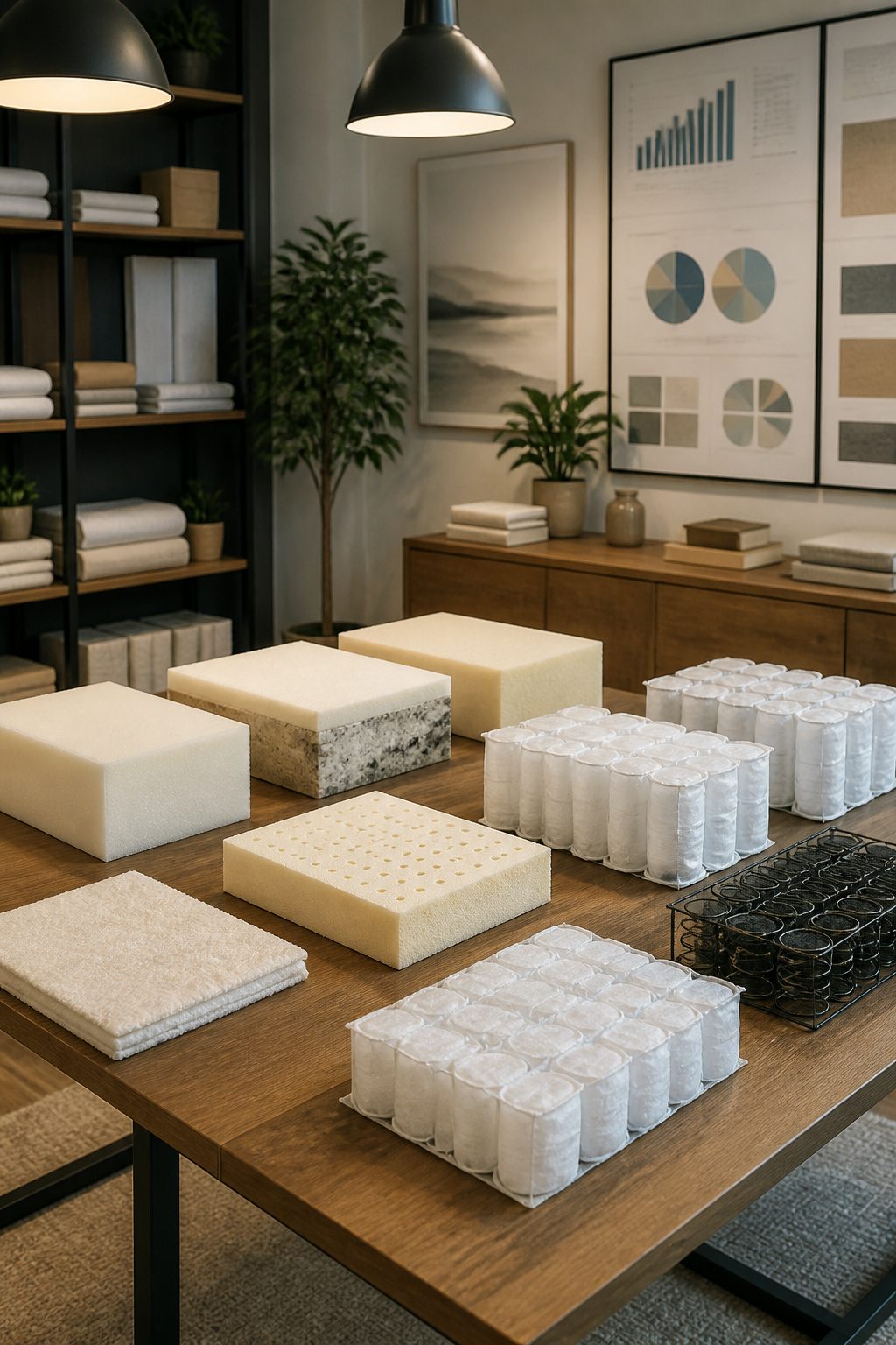 Samples of mattress materials and their price labels on a table.