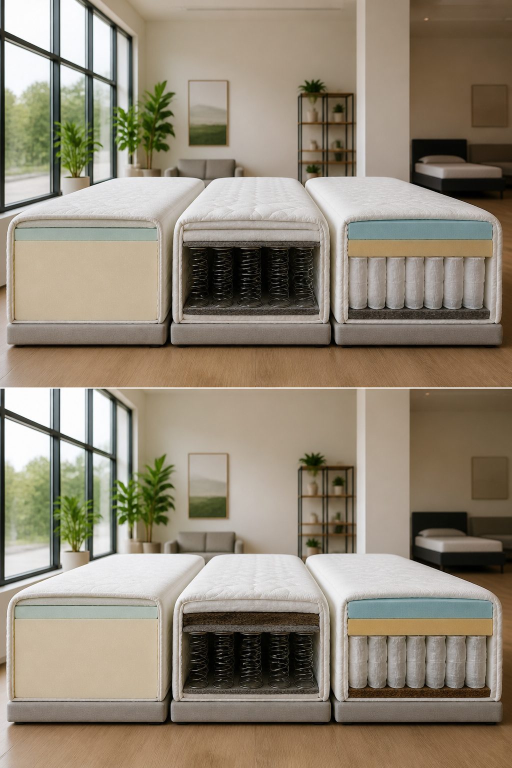 Different types of mattress samples displayed for comparison.