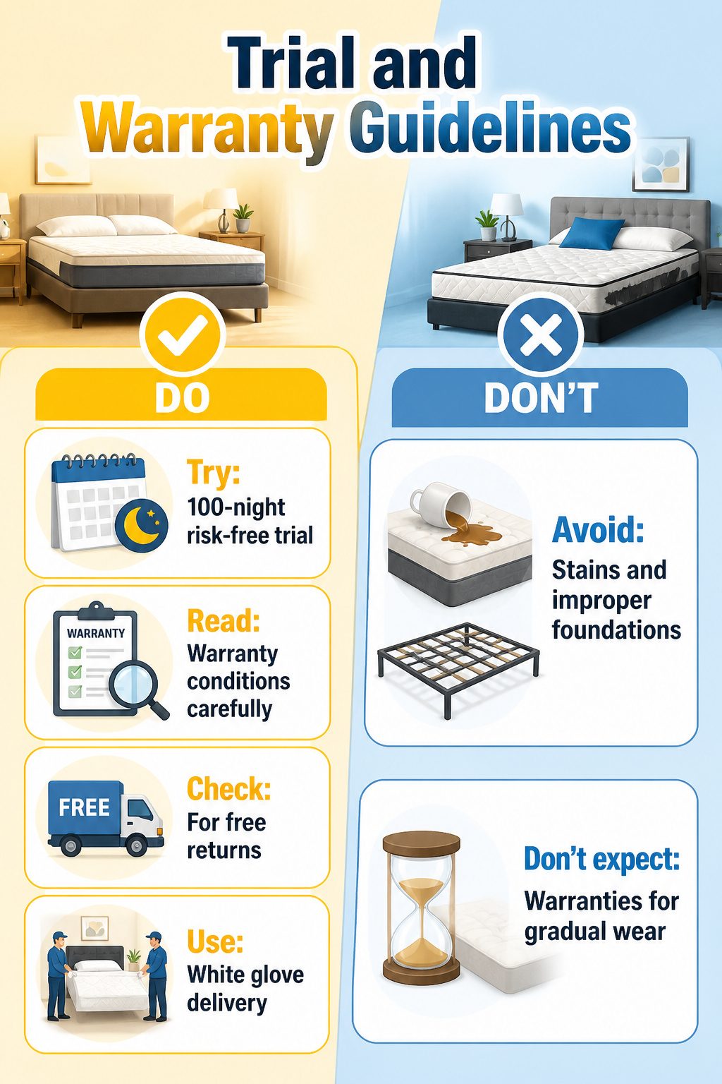 A guide detailing trial and warranty policies for mattresses.