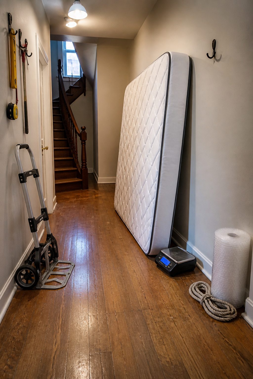 A twin mattress being lifted, showing its weight for moving.