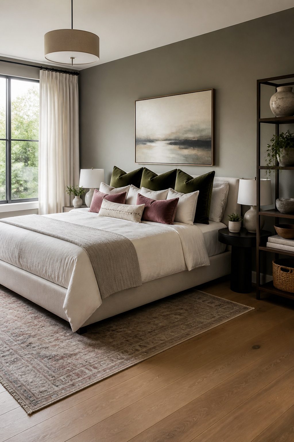 A bed with pillows arranged at varying angles against the headboard.