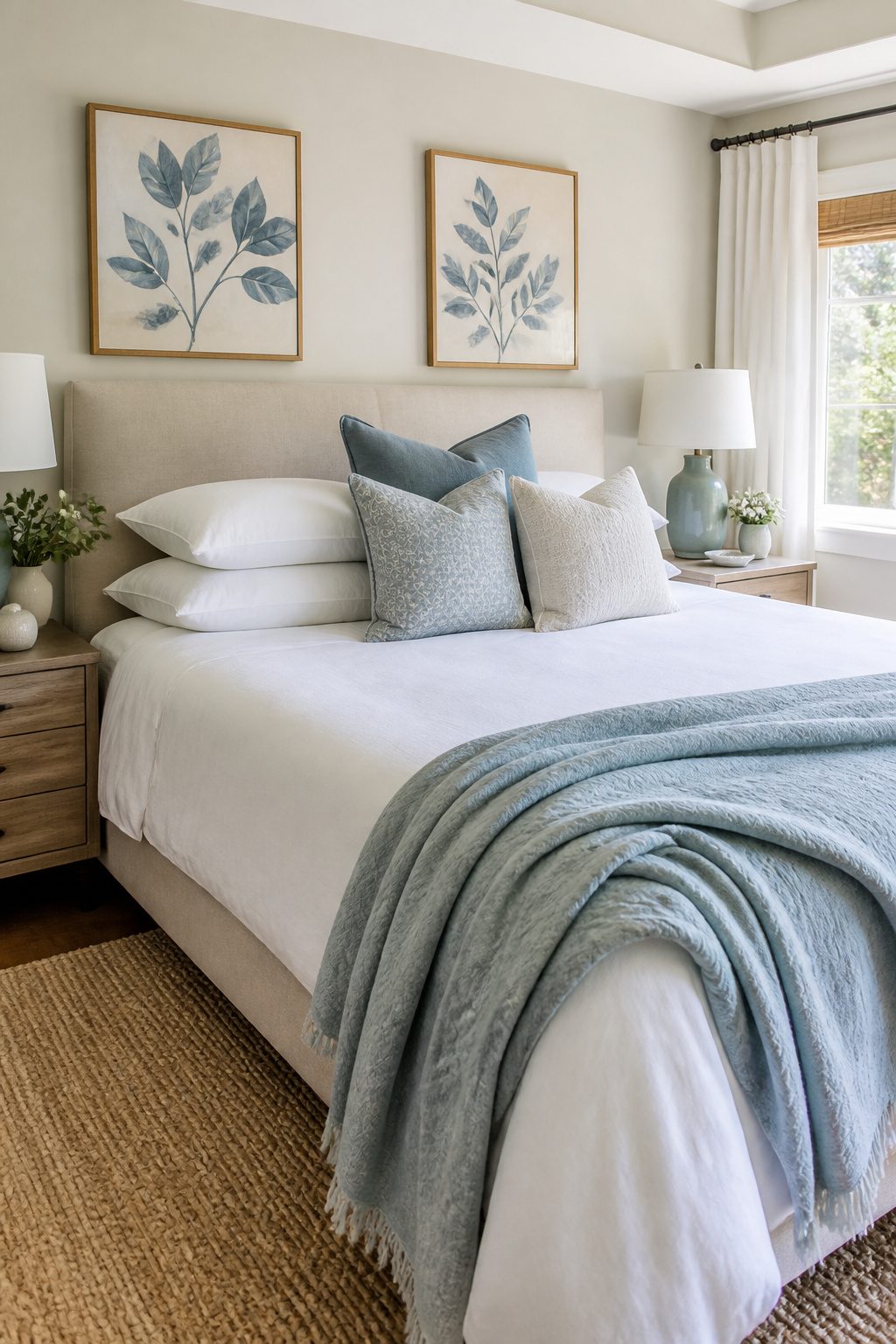 A king bed with a mix of standard and accent pillows in soft colors.