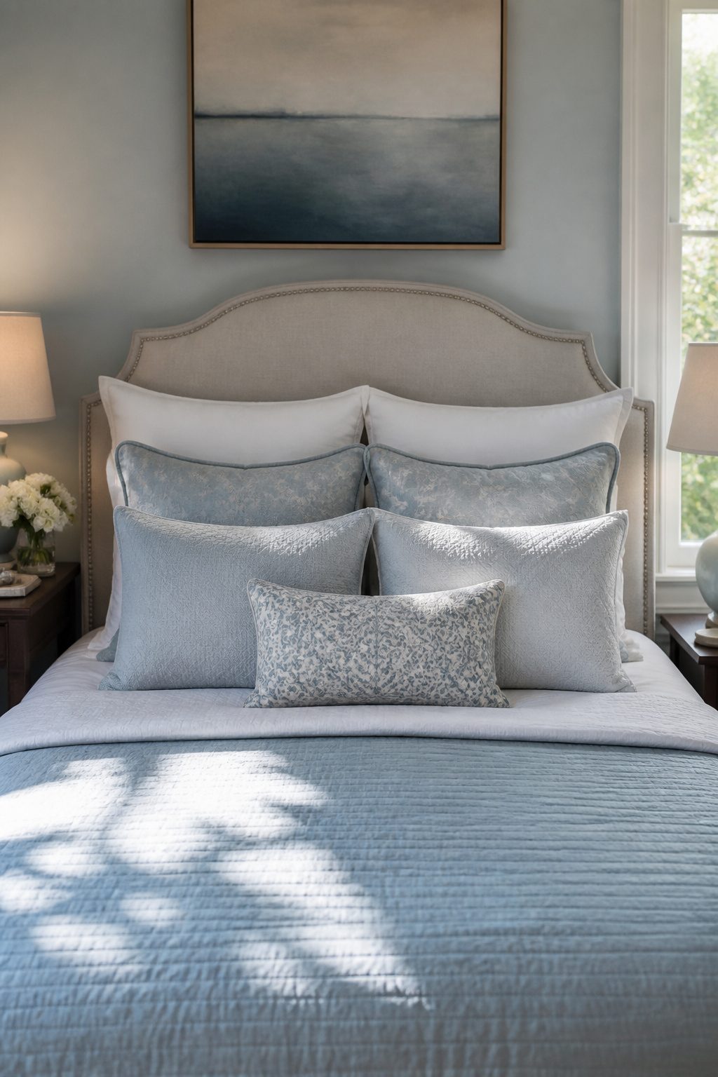 A queen bed featuring standard sleeping pillows and Euro shams.