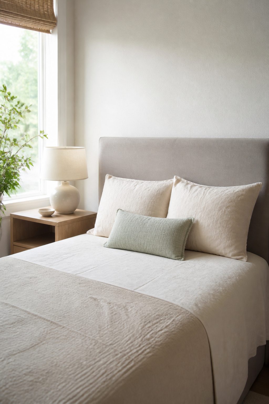 A twin bed with two sleeping pillows and one lumbar pillow.