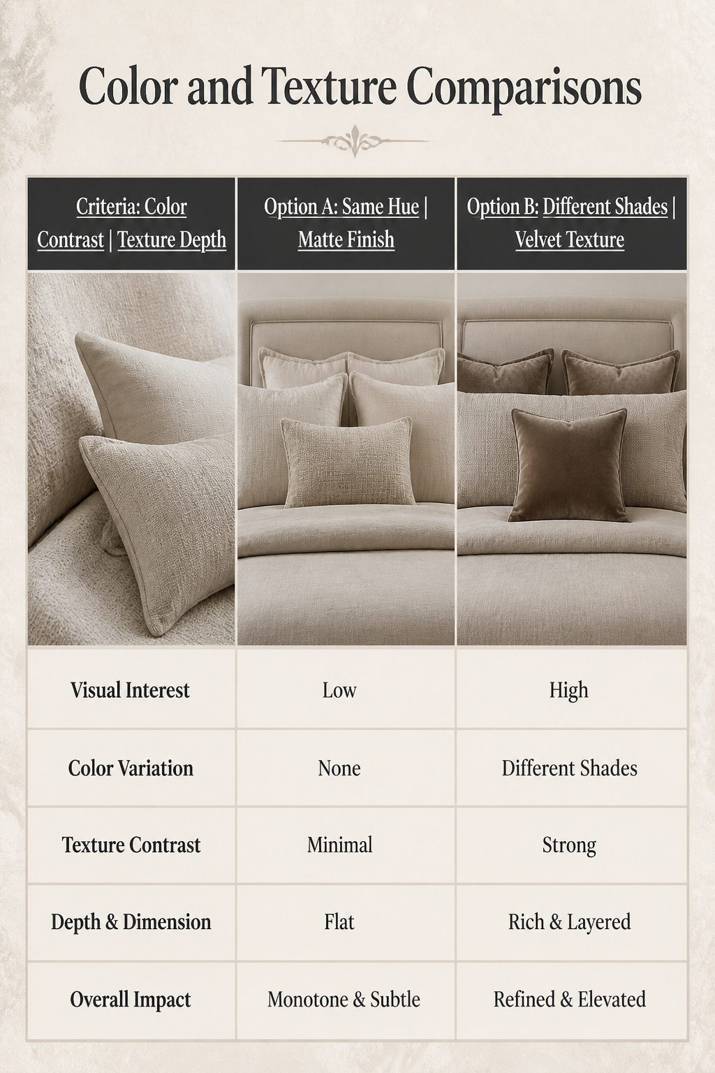 A comparison of colors and textures in pillow designs.