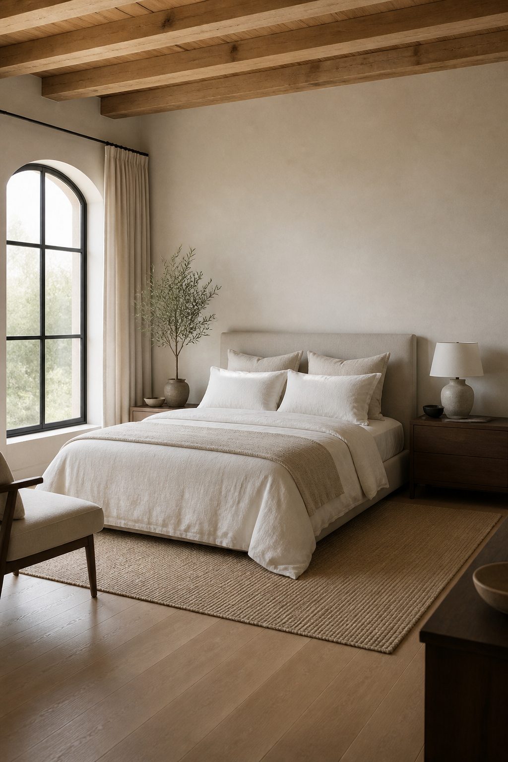 A bed with Euro shams and standard pillows leaning against the headboard.
