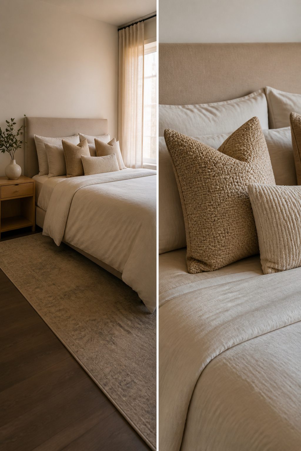 A bed with sleeping pillows hidden behind decorative front layers.