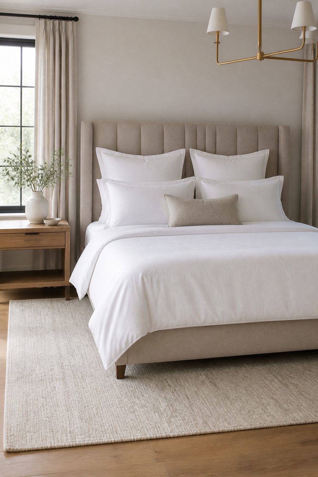 A king bed with white Euro shams and a single accent pillow.