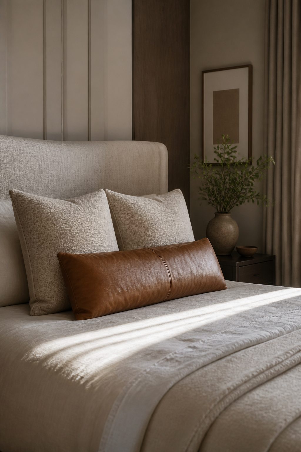 A bed with standard pillows and a leather lumbar pillow in front.