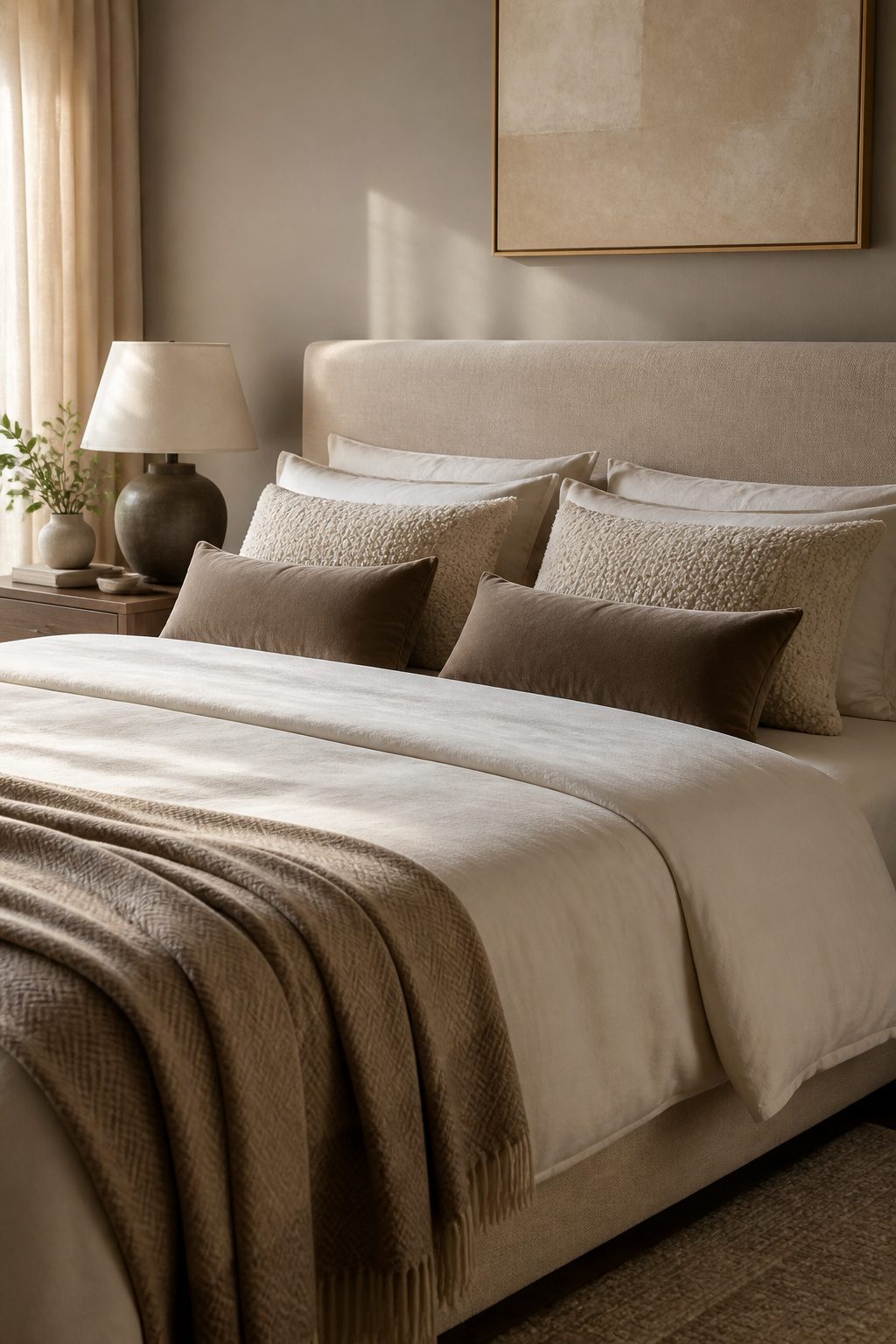 A queen bed with neutral sleeping pillows and textured lumbar pillows.