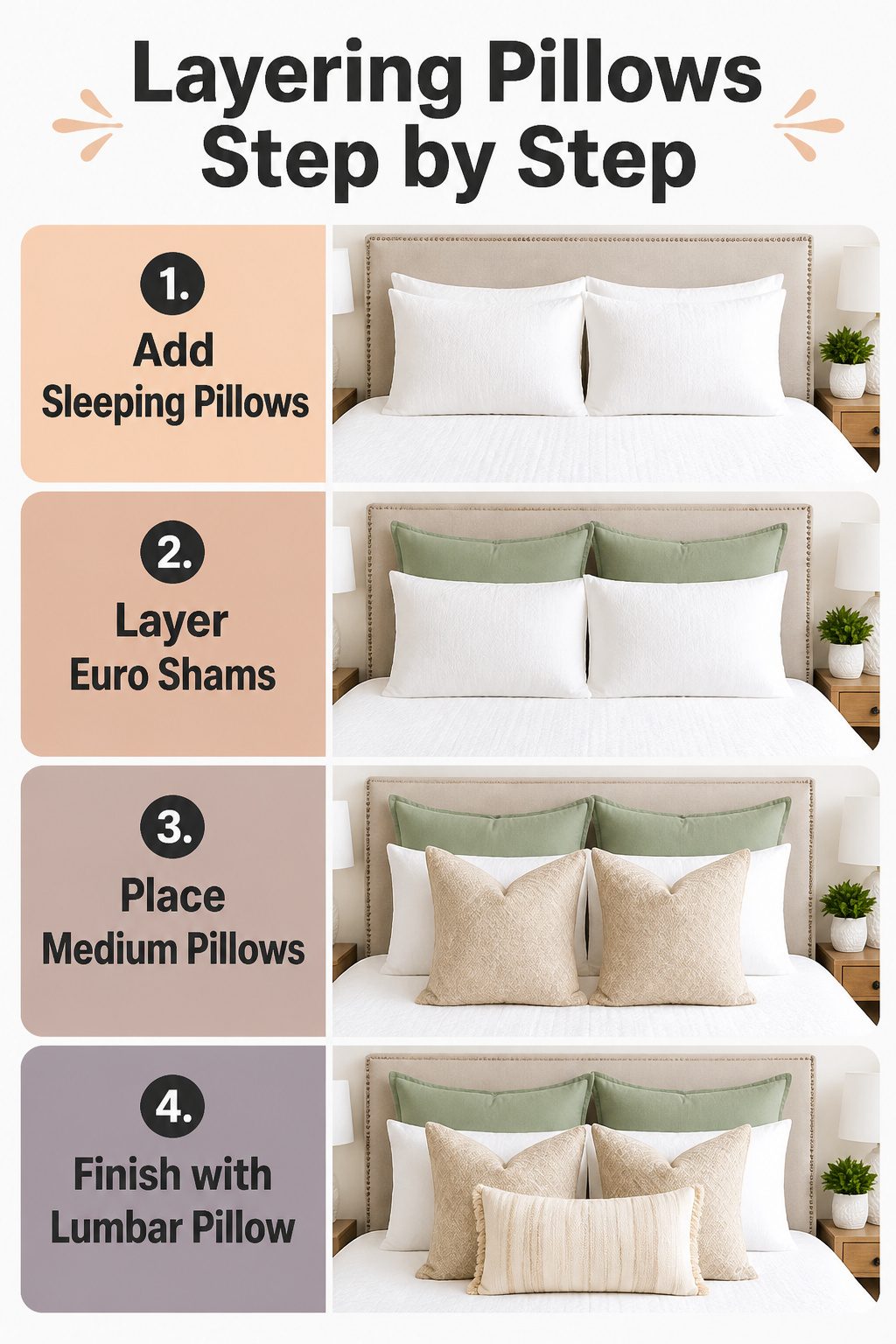 A diagram illustrating how to layer pillows step by step.