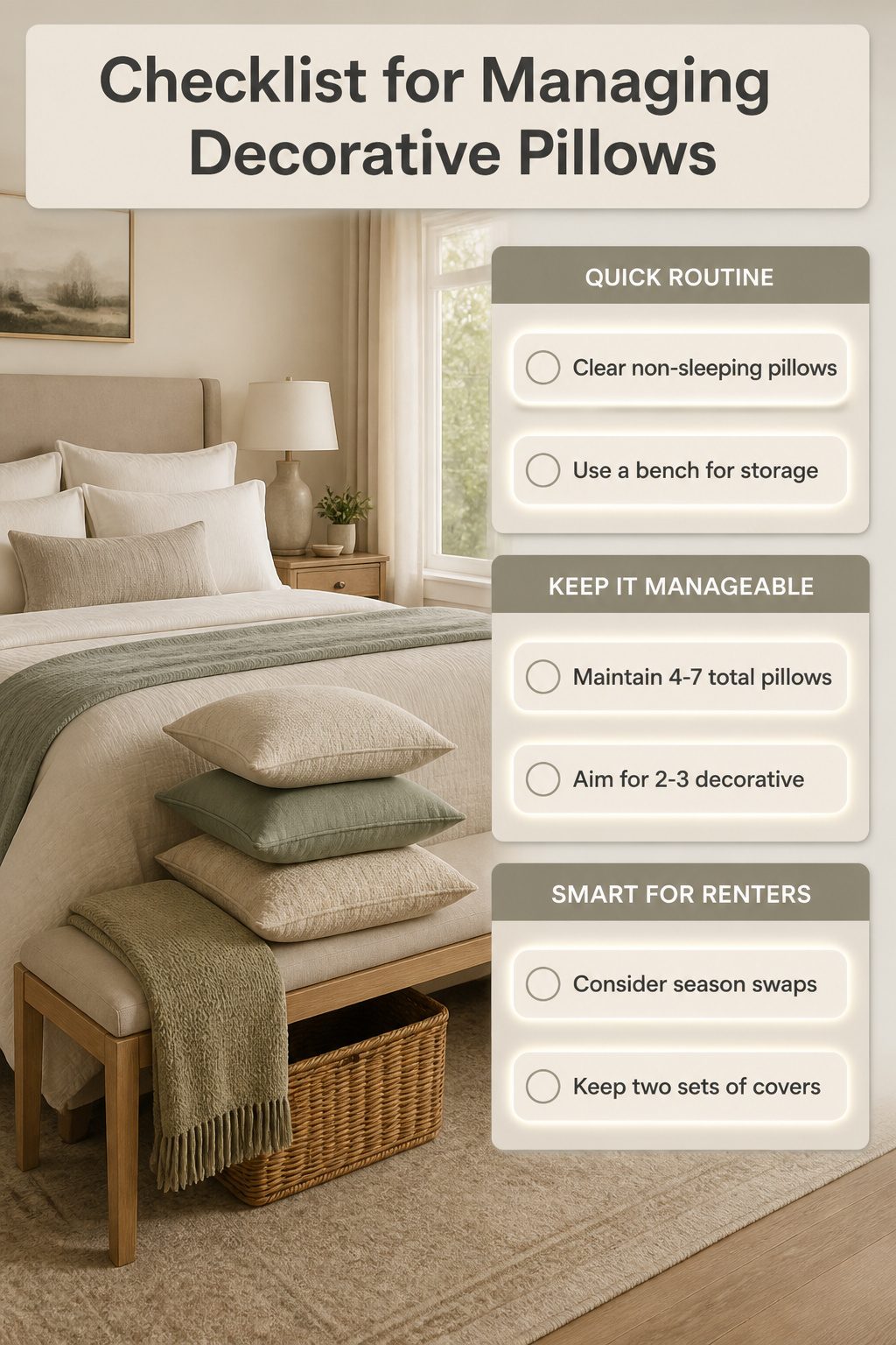 A checklist for managing and storing decorative pillows.