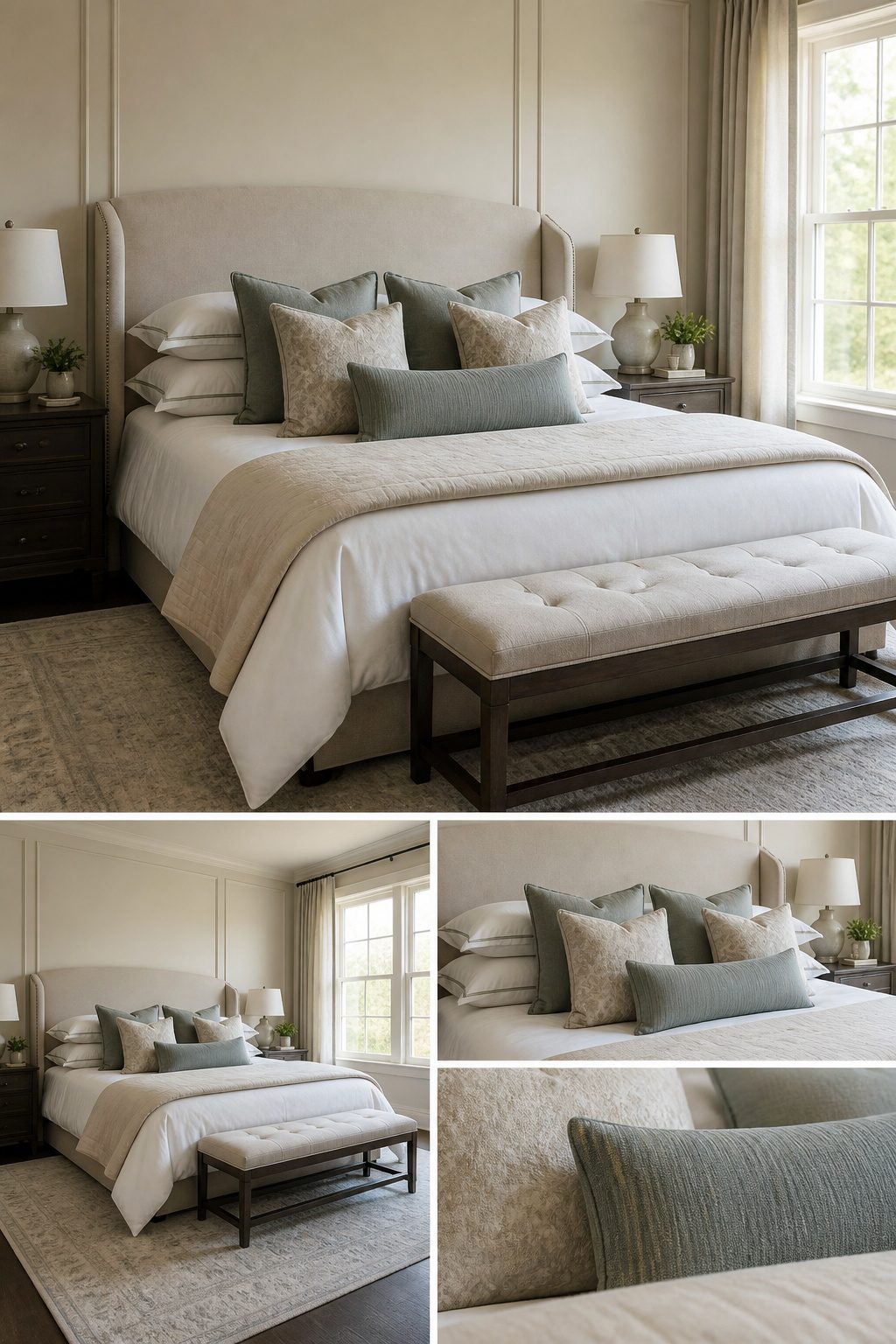 A king bed with multiple layers of pillows, including Euro shams.