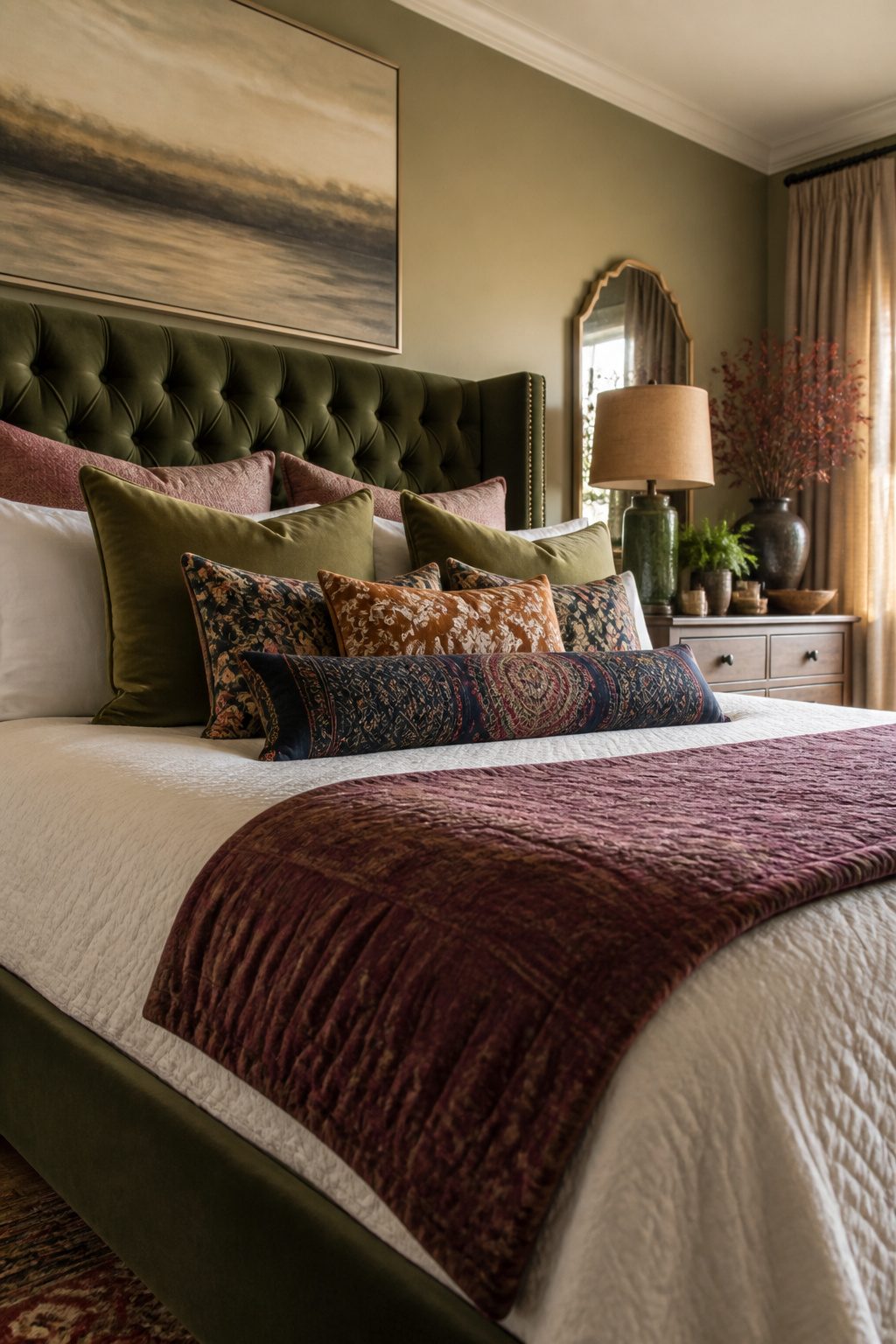 A bed with multiple layers of pillows in varying sizes and colors.