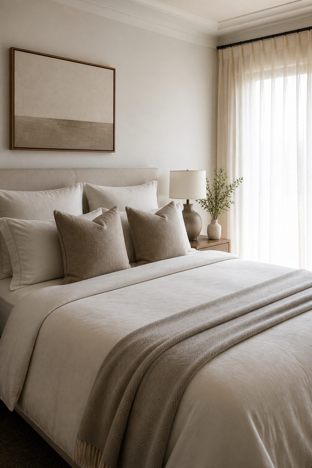 A contemporary bed with minimal pillows arranged against the headboard.