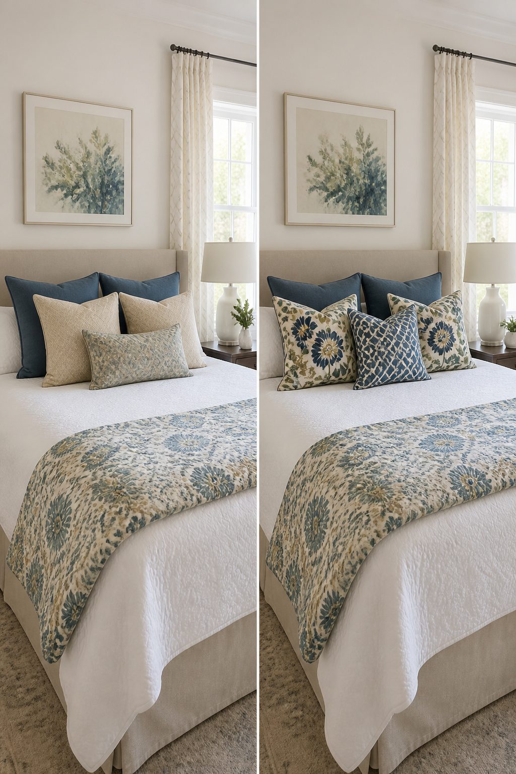 A bed featuring decorative pillows with mixed patterns and sizes.