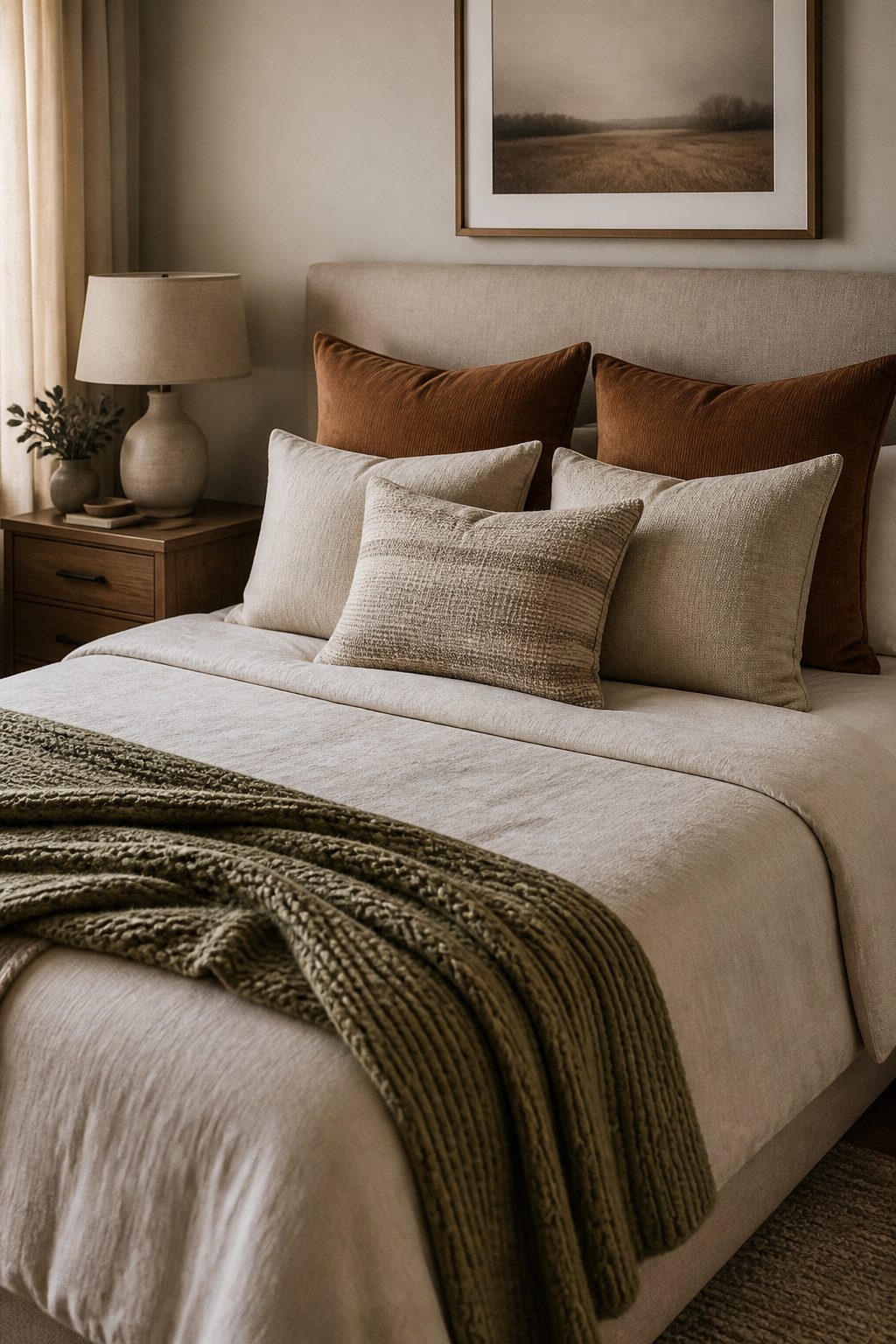 A bed with Euro shams partially hidden behind decorative pillows.