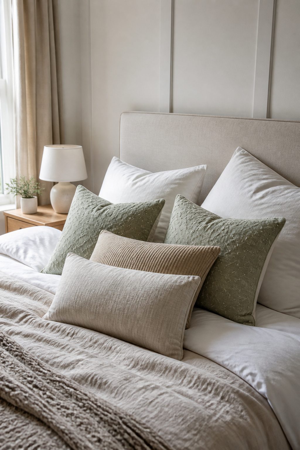 A bed with two standard pillows and additional tonal throw pillows.