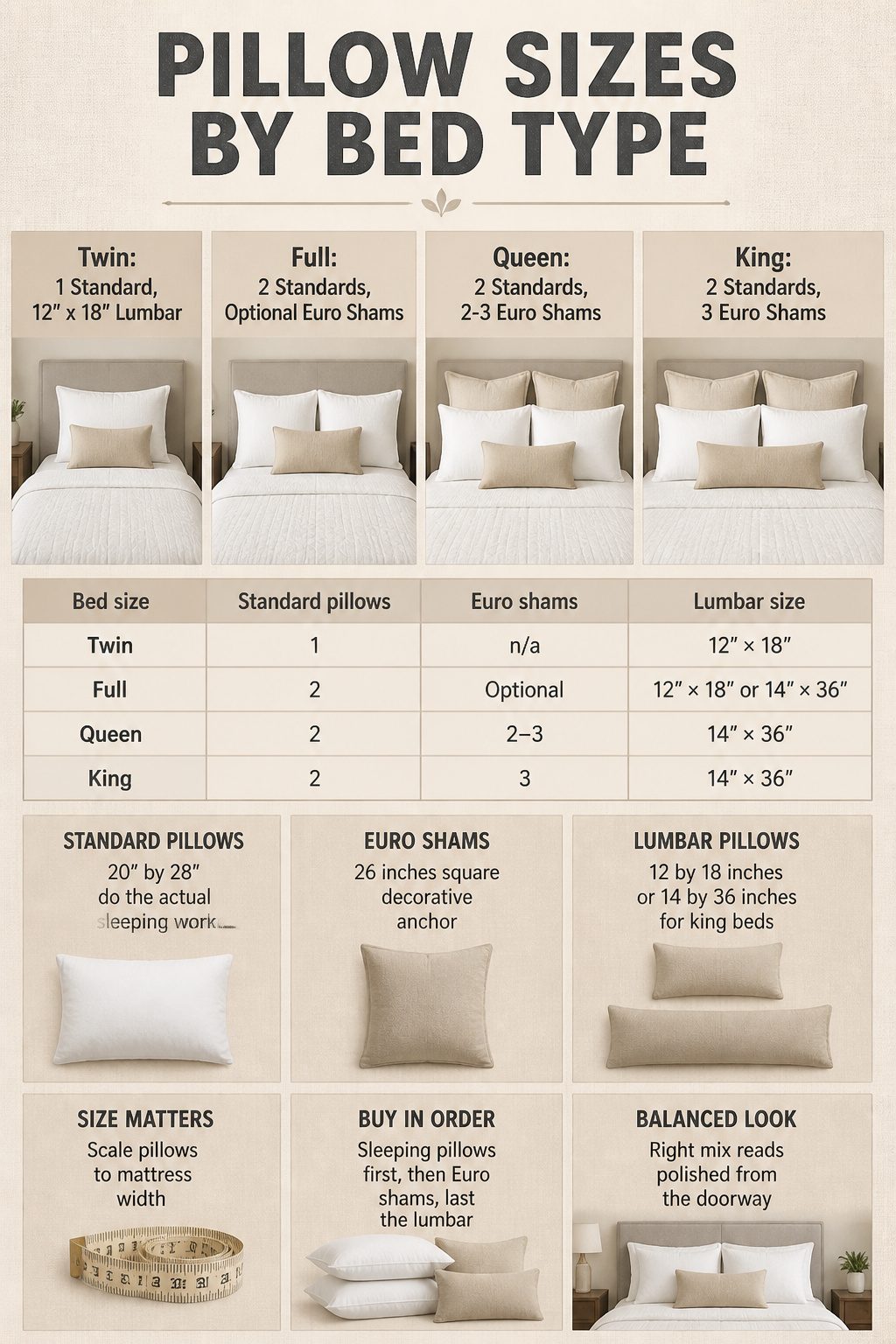 A chart detailing pillow sizes for different bed types.