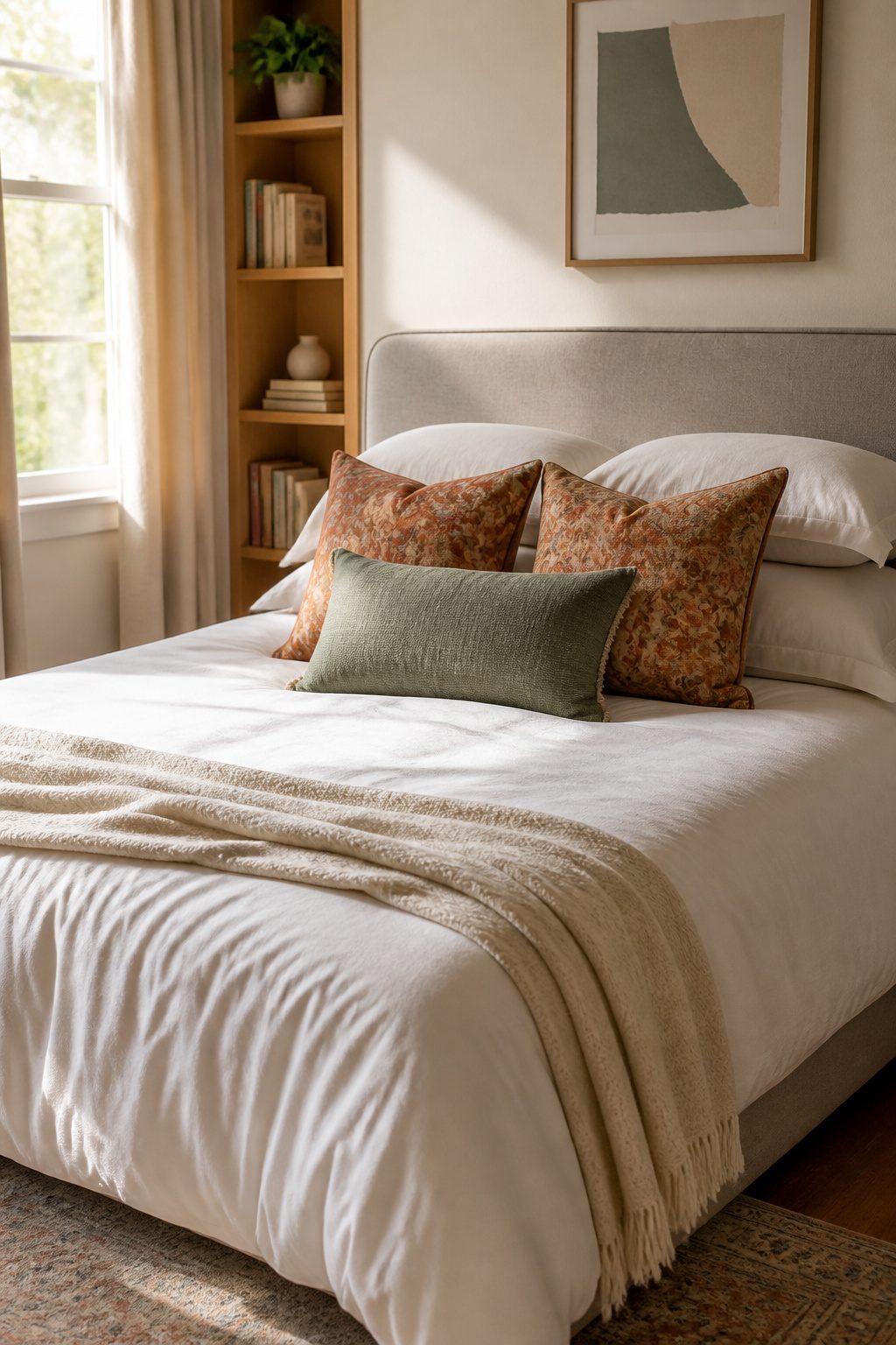 A bright bedroom with stacked sleeping pillows and decorative accents.
