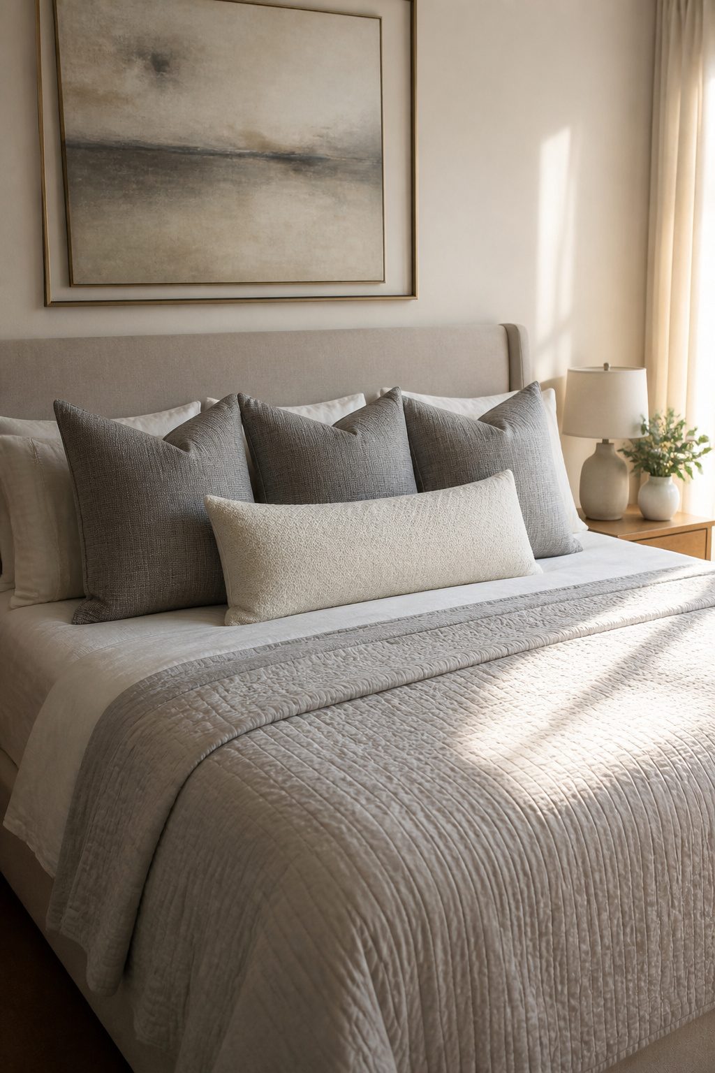 A king bed with Euro shams and a lumbar pillow at the front.