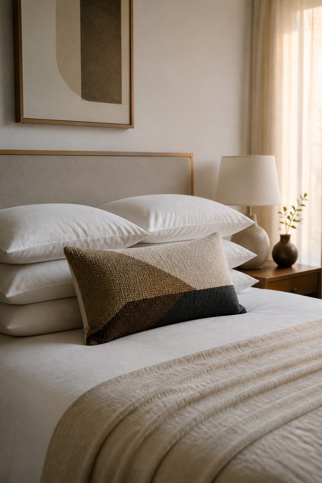 A bed with four sleeping pillows and one lumbar pillow in front.