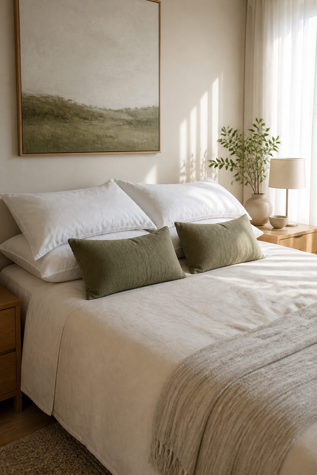 A cozy queen bed with stacked sleeping pillows and small lumbar pillows.