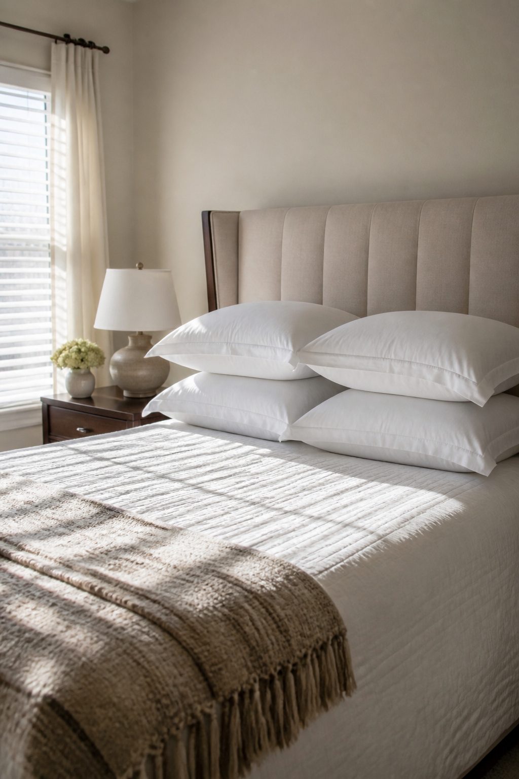 A guest room bed with neatly stacked sleeping pillows and shams.