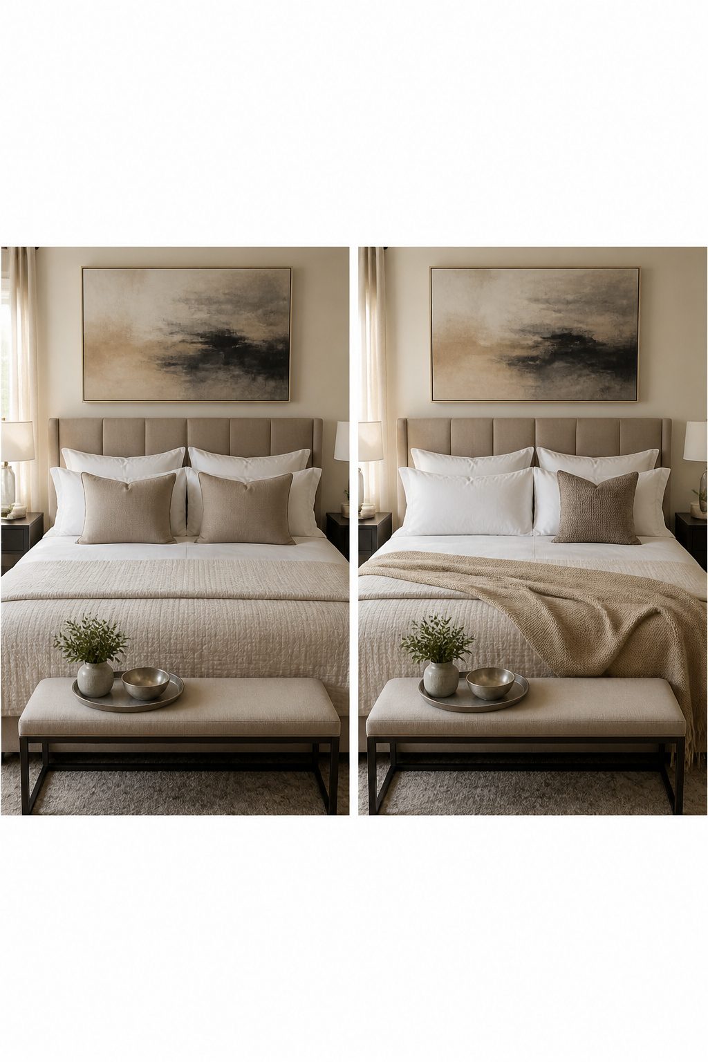 A bed showcasing both symmetrical and asymmetrical pillow arrangements.