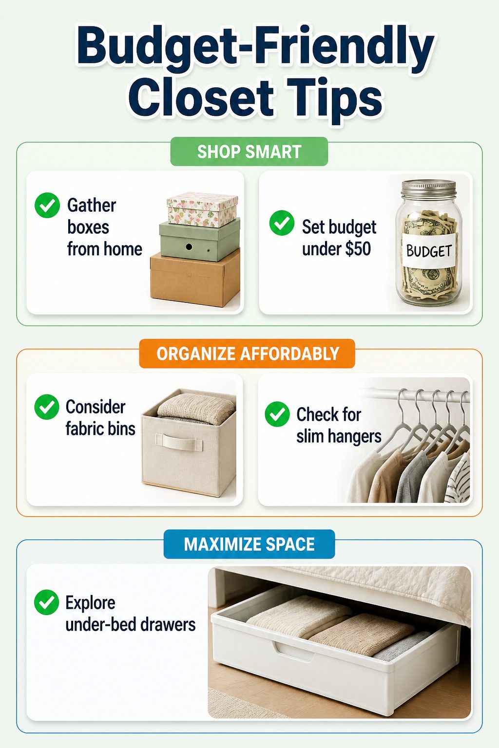 Various boxes and bins used for organizing a small closet.