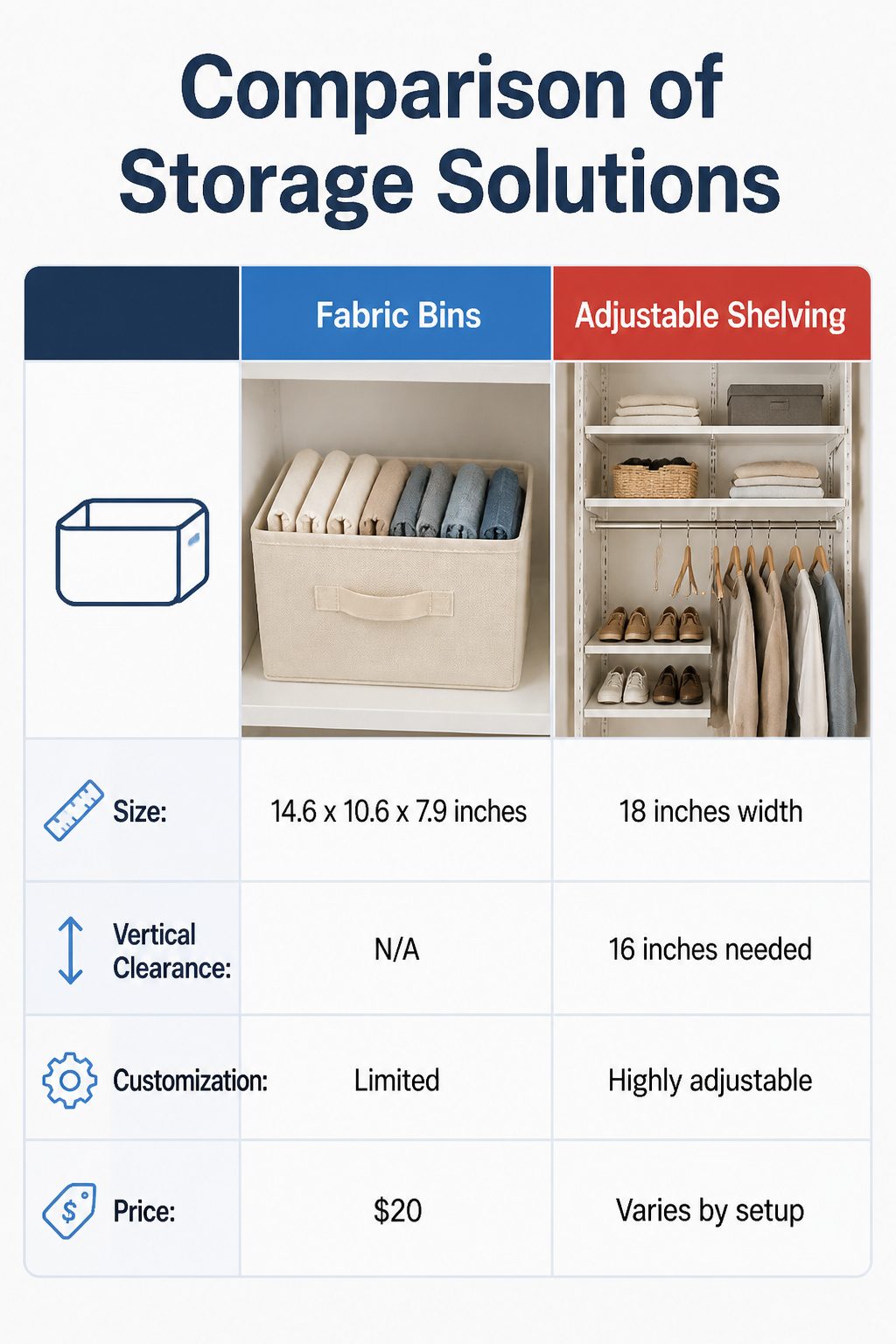 Fabric bins on a shelf, organized for easy visibility and access.