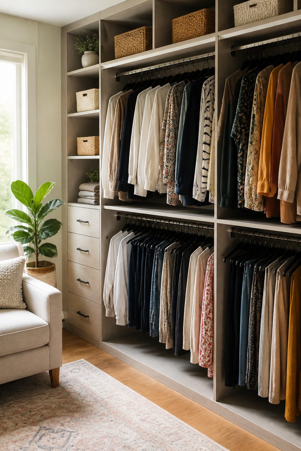A custom closet system with shelves and rods for better storage.