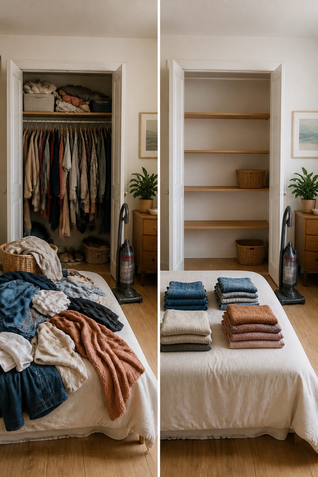 A closet emptied out with clothes and items sorted into piles.