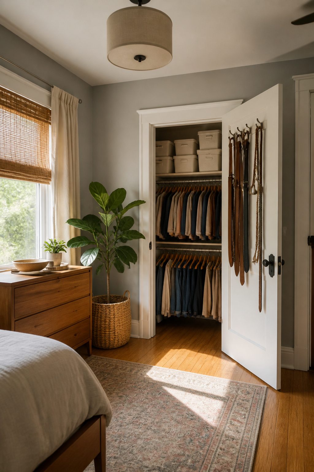 Hooks and shelves inside a closet used for storage and organization.