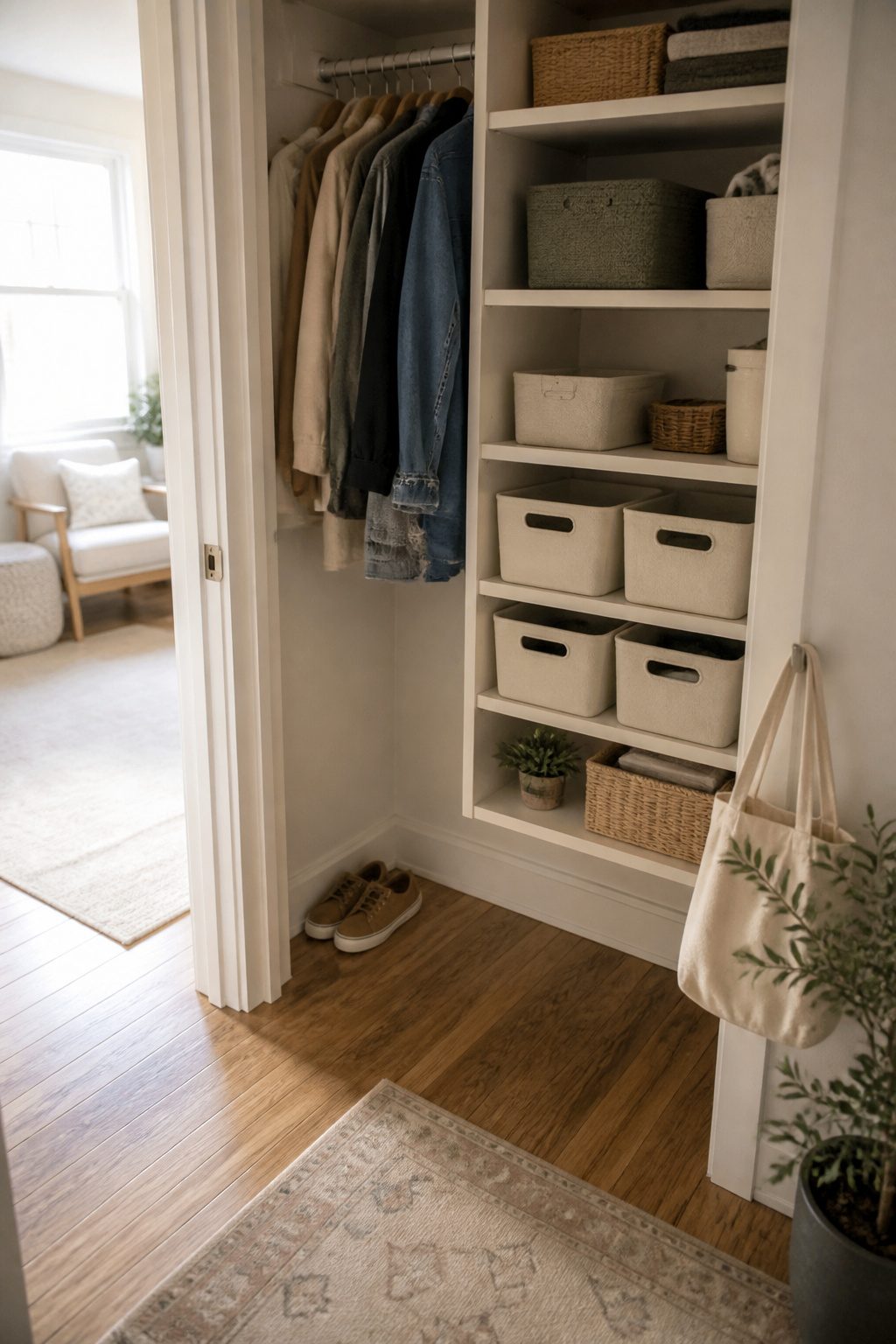 A checklist and organized bins in a well-maintained closet.