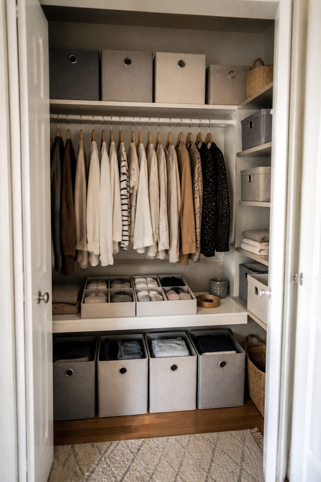 An organized closet with bins and drawer organizers for small items.