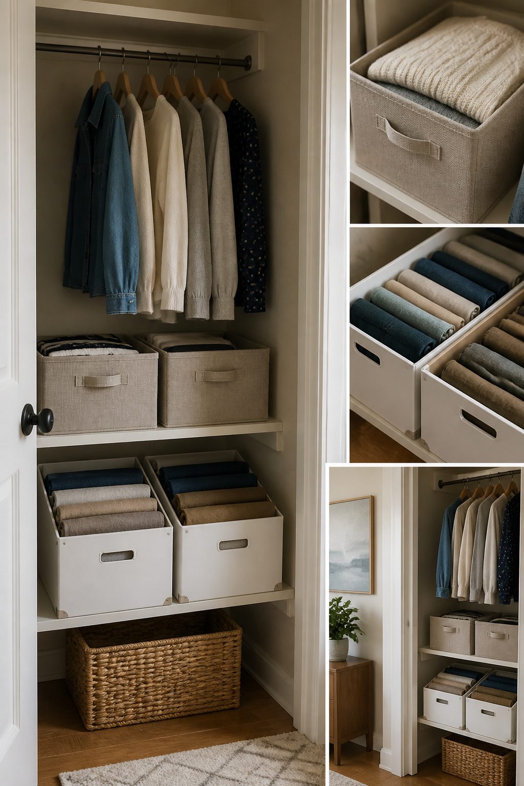 Various storage solutions including bins and shelves in a small closet.