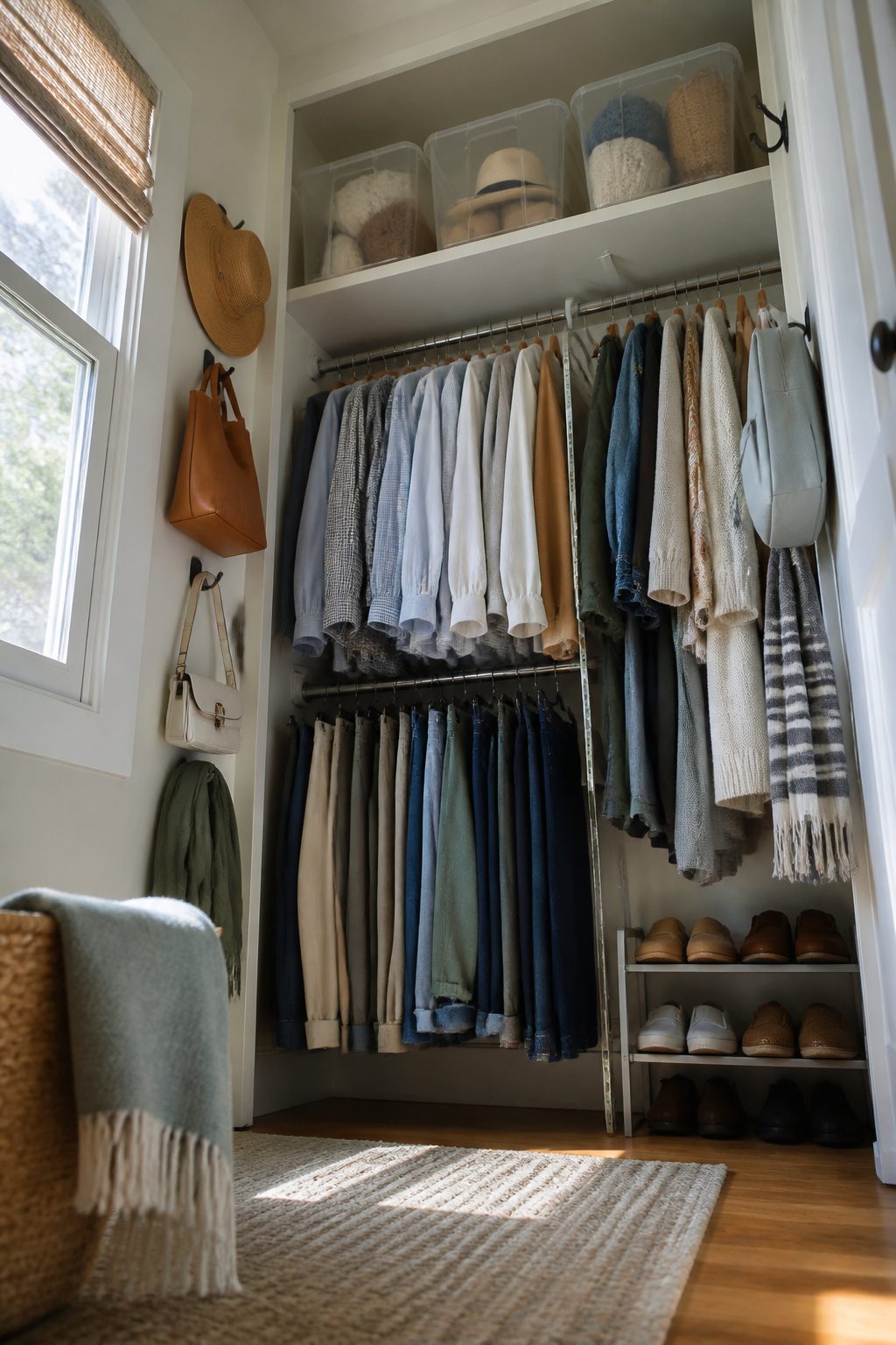 A ceiling shelf filled with seasonal items like coats and beach gear.